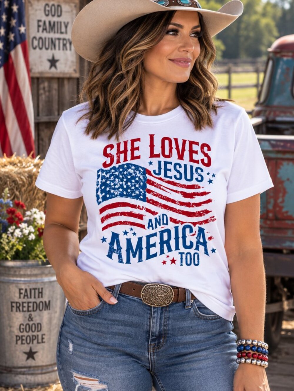 Jesus and America Graphic T Shirt Trendy Short Sleeve Tee Womens Tops White